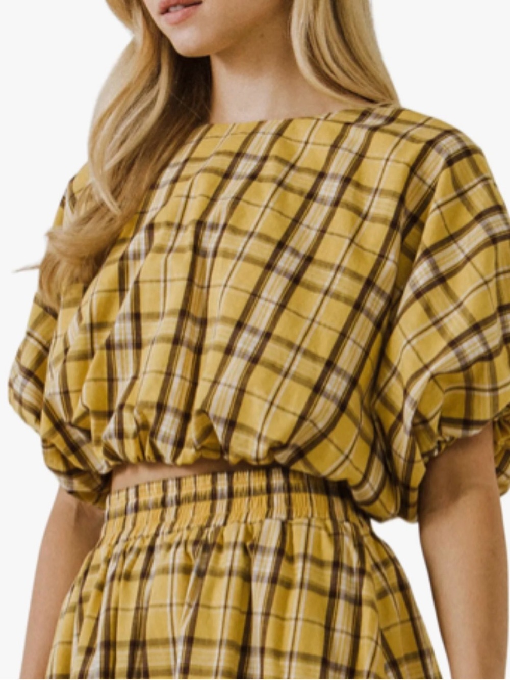 Anthropologie English Factory Plaid Puff Sleeve Cotton Crop Top Yellow Size S - Picture 5 of 10